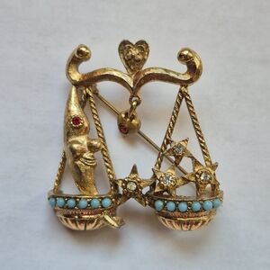 Vintage Libra Zodiac Crescent Moon & Stars Mid Century Celestial Brooch